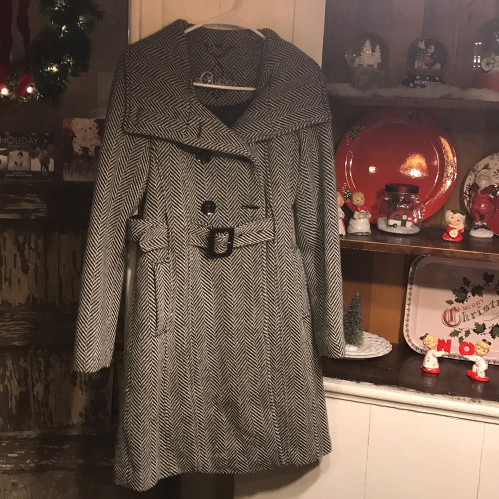 Black and white medium length pea coat